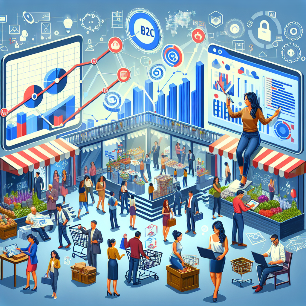 Visualize a concept related to 'B2C Marketing: Must-Have Tips for Effortless Success'. The scene should center around a dynamic, thriving marketplace. It should represent the key elements of B2C marketing, such as customer engagement and data-driven strategies. Include a South Asian female business owner engaging with her clients and a Caucasian male marketer studying charts and diagrams reflecting market trends. The marketplace should be filled with customers of multiple descents and genders. Incorporate elements of digital marketing like social media icons, email newsletters, and online shopping carts. The overall atmosphere should reflect success and growth.