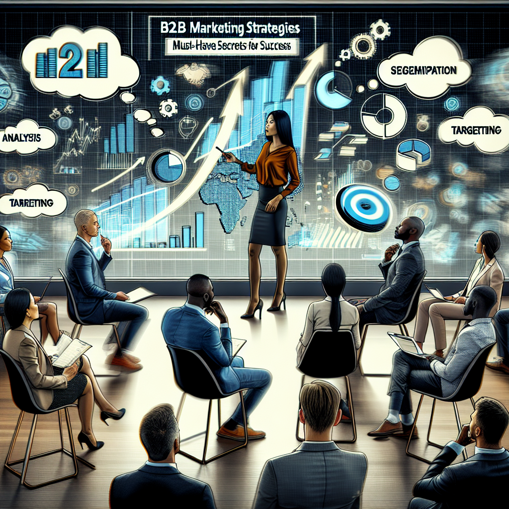 Visualize a scene of a modern, busy office in motion. Center the image on a diverse meeting in progress; an Asian woman is presenting cutting-edge B2B marketing strategies on a digital whiteboard. Thought bubbles showing keywords like 'analysis', 'segmentation', 'targeting', and 'positioning' are floating from the board. An African man and a Hispanic woman are engaged in attentive listening. Tucked in a corner, an evidence of the company's successful application of these strategies - a graph showing an upward trend in company profits. Prominently display the title 'B2B Marketing Strategies: Must-Have Secrets for Success' across the top.