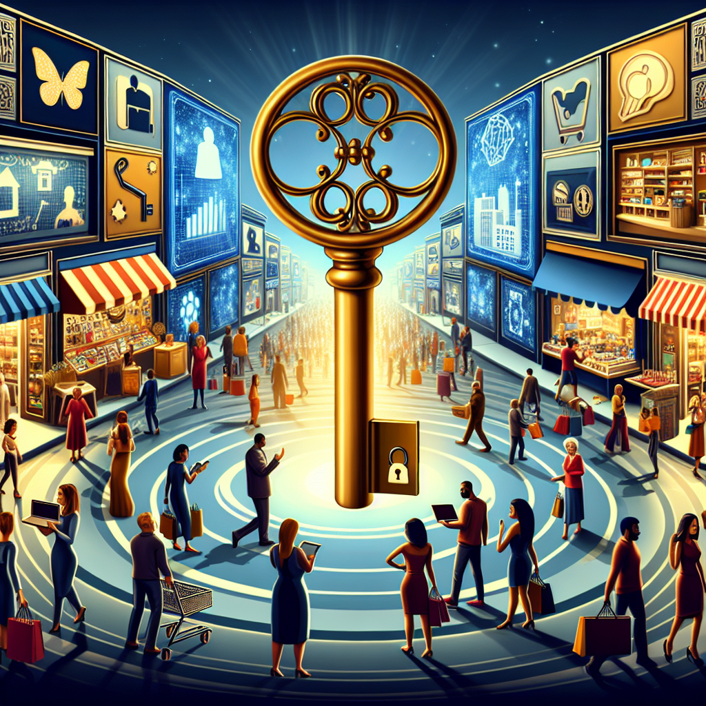 Depict a bustling marketplace with a wide array of stores catering to different customers. Include visual representations of various marketing techniques like banners, captivating product displays, and interactive advertising screens. In the center, illustrate a large ornate key being turned in a lock, symbolizing the unlocking of marketing success. Populate the scene with a diverse group of people engaged in shopping - a Hispanic woman examining a product, an Black man looking at a digital screen, a Middle-Eastern family walking together, and a South Asian woman involved in a sales negotiation. This is an allegory of B2C marketing success.