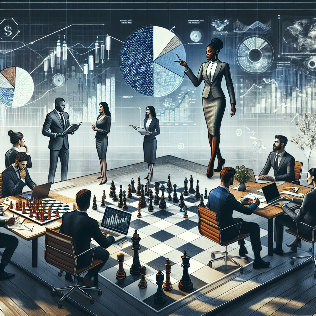 Create a detailed and complex image illustrating B2B marketing strategies. Display a dynamic business scene with diverse people engaging in strategic discussions: A Black woman wearing a sophisticated business suit pointing at a pie chart representing market share on a projection screen. A Middle Eastern man in a smart casual outfit, taking notes on his laptop. Charts and graphs, illustrating market trends and consumer behavior, scattered across the room. An abstract chessboard in the foreground, symbolizing tactical decisions, with Caucasian and Hispanic individuals contemplating the next move. Remember, they are in an architecturally modern and light-filled conference room.