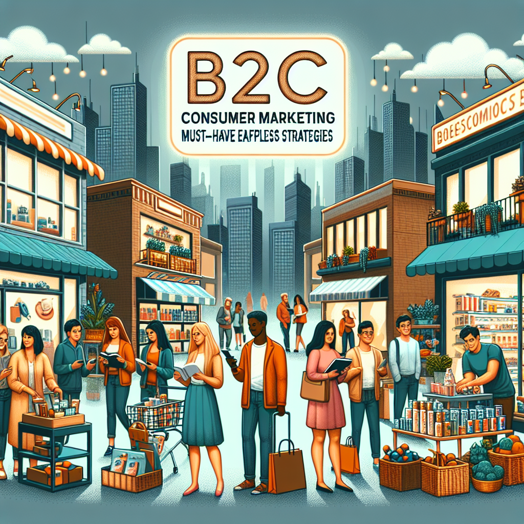 An illustration of a cityscape with various commercial stores showcasing broad spectrum of consumer goods. In the forefront, there is a diverse group of people engaging with these stores. A Caucasian male is examining a gadget in an electronics store, a black woman is trying on a fashionable clothing item, a Hispanic man is looking at organic produce in a grocery store, a middle-eastern woman is reading a book in a bookstore, and a south Asian boy is excitedly watching a toy in a toy shop. Above the scene, a big, glowing phrase says 'B2C Consumer Marketing: Must-Have Effortless Strategies'.