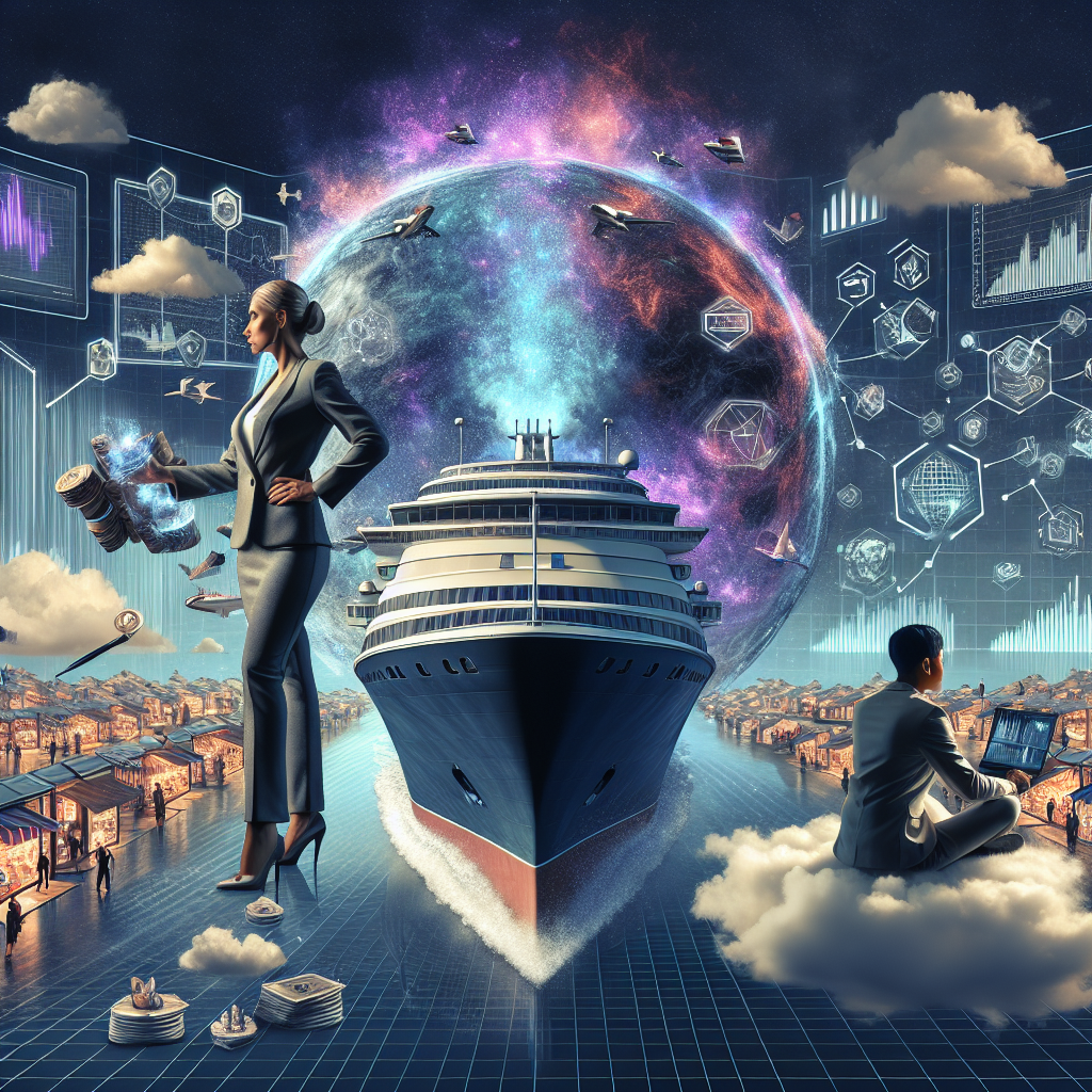 Visualize an abstract concept of D2C digital marketing strategies. Picture a busy online marketplace with various digital storefronts, symbolic of businesses using D2C eCommerce. To one side, imagine a Caucasian woman wearing business attire with a commanding presence, steering a sleek, futuristic ship through the sea of stores, representing powerful and effective marketing strategies. On the other side, a South Asian man sitting on a cloud is operating a holographic interface filled with charts and diagrams of marketing analytics. In the sky above, there are data streams forming a map, guiding the journey - a testament to the importance of consumer data in D2C marketing.