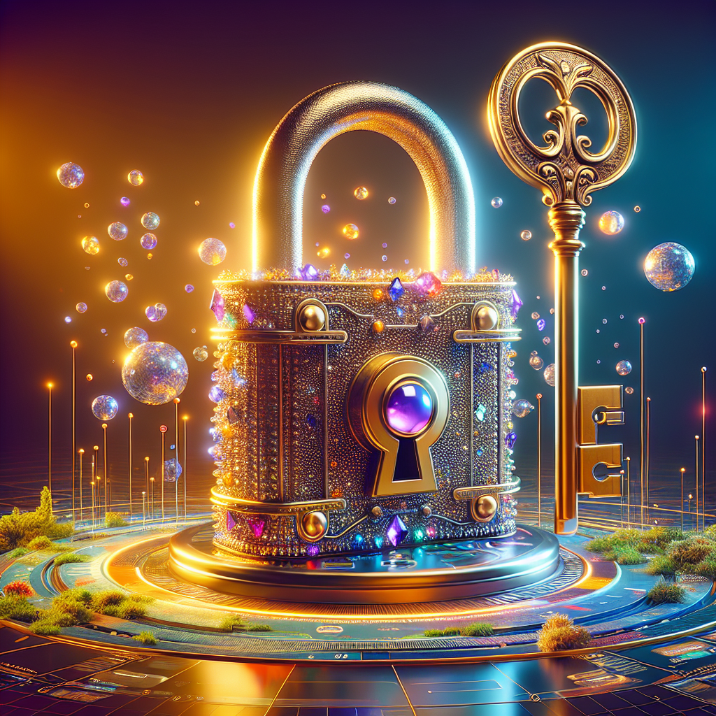 Illustration of a symbolic massive lock encrusted with gleaming jewels, standing as a barrier in front of a vibrant digital landscape. A retro-style golden key, embellished with the word 'Google Ads', is hovering nearby, ready to unlock the austere lock. The surrounding digital terrain features floating icons and widgets, representative of advertising metrics and analysis tools. The tone of the scene is mystic yet inviting, enticing the viewer to understand the power of Google Ads and how it can effortlessly make way for business success.