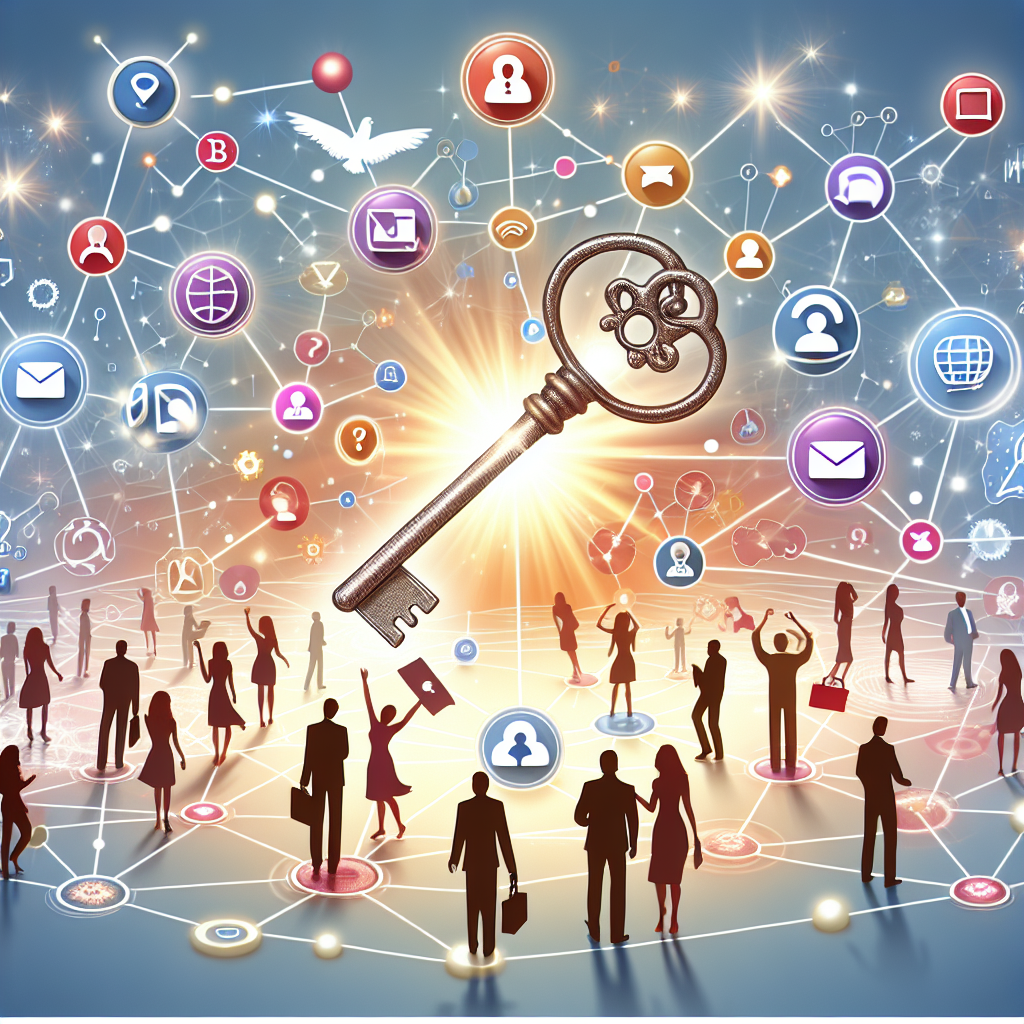 Create an illustration representing Direct To Consumer (D2C) Digital Marketing which symbolizes effortless success. Picture a vast, expansive digital network with multiple nodes representing consumers. Put a key in the network, signaling the unlocking of success. Visualize various forms of digital marketing tools such as email, social media, and search engine icons orbiting around. Individuals of varying gender and descent, representing consumers, are happily interacting with these elements. The entire scene is bathed in a radiant light signifying success and ease of use.